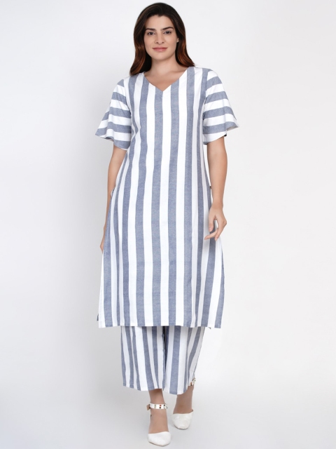 

FABNEST Women Blue Striped Flared Sleeves Handloom Kurta