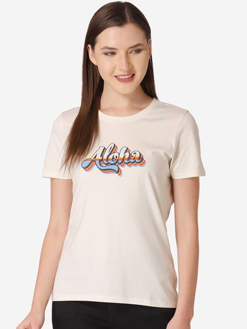 

Mode by Red Tape Women Cream-Coloured & Blue Printed Round Neck T-shirt