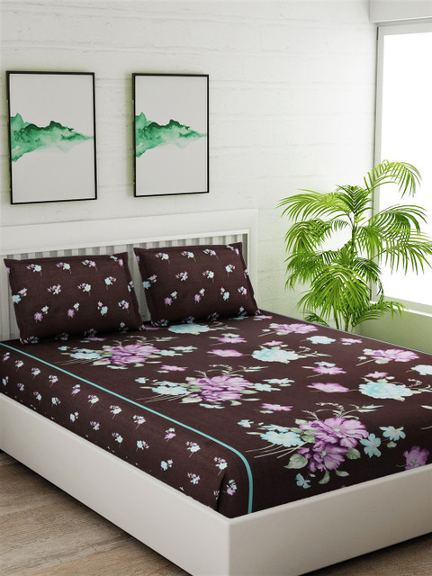 

Salona Bichona Brown & Sea Green Floral 144 TC Cotton 1 King Bedsheet with 2 Pillow Covers