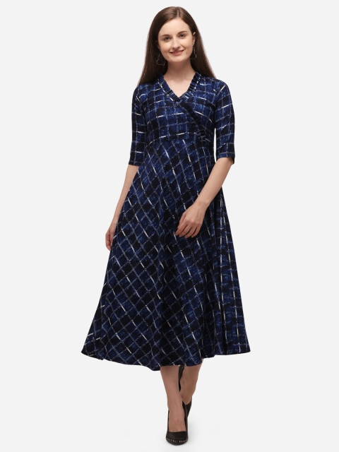 

SAADHVI Women Navy Blue & White Checked Wrap Dress