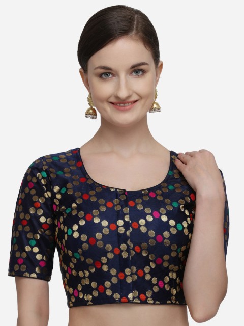 

Fab Dadu Women Blue & Gold-Coloured Jacquard Woven Design Saree Blouse