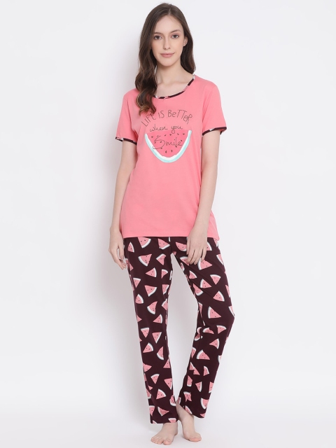 

Kanvin Women Pink & Maroon Printed Night suit