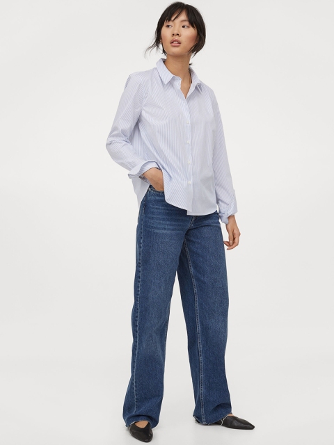 

H&M Women Blue & White Cotton-Blend Shirt