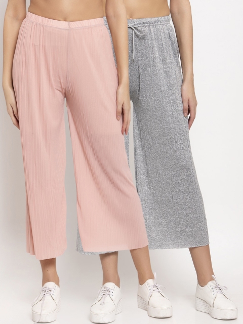 

KLOTTHE Women Pack of 2 Grey & Pink Solid Wide Leg Palazzos