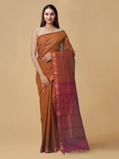 

Unnati Silks Orange Pure Cotton Woven Design Handloom Gadwal Saree