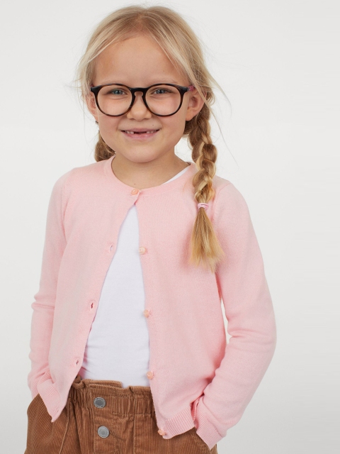 H&M Girls Pink Solid Fine-knit Cotton Cardigan