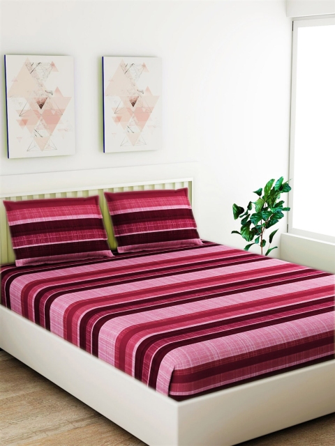 

Salona Bichona Burgundy & Pink Striped 120 TC Cotton 1 King Bedsheet with 2 Pillow Covers