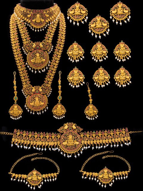 

Alankruthi Gold-Plated Pink & Green Stone-Studded Beaded Temple Bridal Jewellery Set