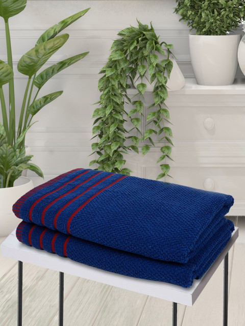 

ROMEE Unisex Set Of 2 Blue & Red Striped 400 GSM Bath Towels