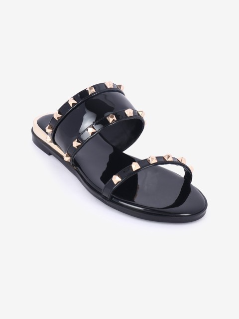 

LYN Women Black Embellished PU Open Toe Flats