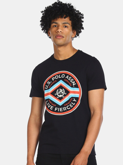 

U.S. Polo Assn. Men Black & White Printed Round Neck T-shirt