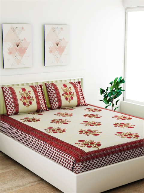 

Salona Bichona Cream-Coloured & Red Floral 120 TC Cotton 1 Queen Bedsheet with 2 Pillow Covers
