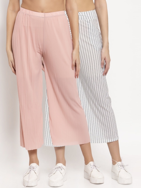 

KLOTTHE Women Pack of 2 Pink & Black Striped Wide Leg Palazzos