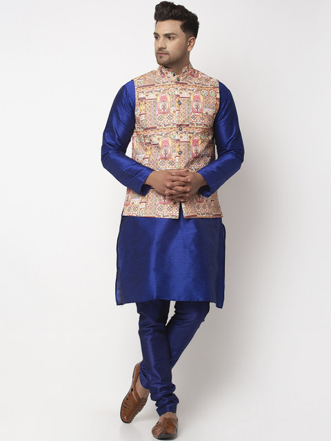

Benstoke Men Blue & White Solid Kurta with Churidar & Nehru Jacket