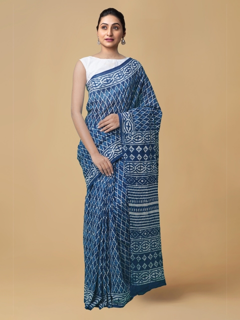 

Unnati Silks Blue Pure Cotton Printed Dabu Saree