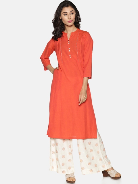 

Saffron Threads Women Orange Mandarin Collar Pure Cotton Straight Kurta