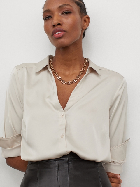 

H&M Beige V-neck Cuffed Sleeves Blouse