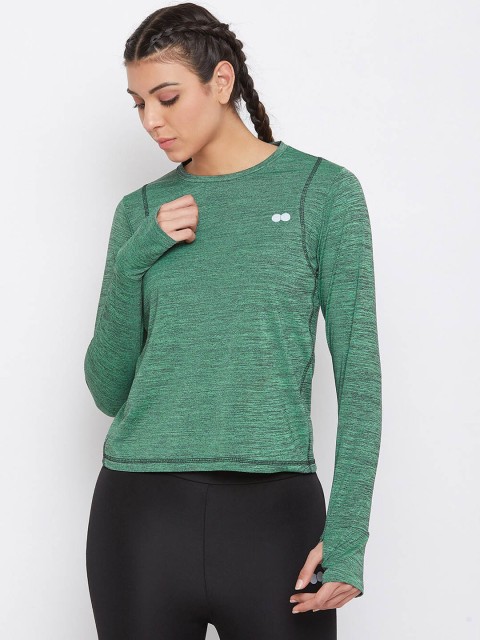 

Clovia Women Green Solid Round Neck Slim Fit Activewear T-shirt