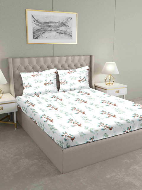 

BELLA CASA White & Green Floral 160 TC Cotton 1 King Bedsheet with 2 Pillow Covers