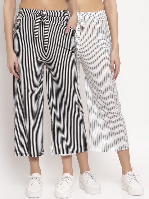 

KLOTTHE Women Pack of 2 Black & White Striped Wide Leg Palazzos