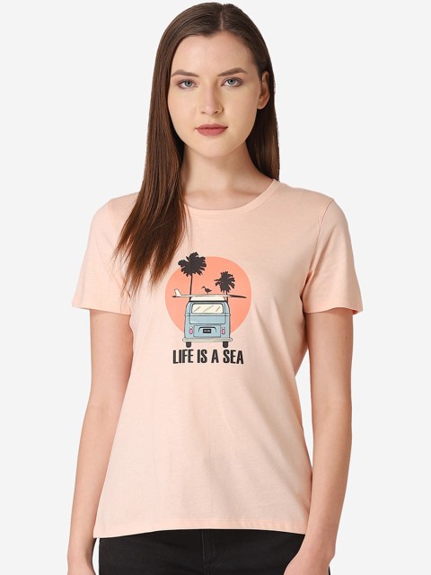

Mode by Red Tape Women Peach-Coloured & Blue Printed Round Neck T-shirt