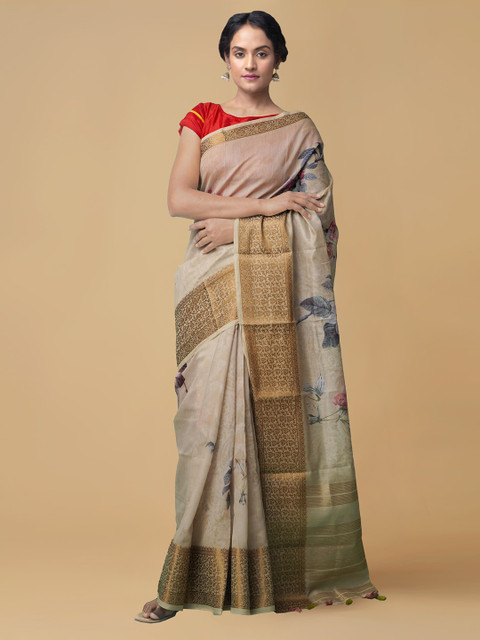 

Unnati Silks Brown Linen Blend Woven Design Jamdani Saree