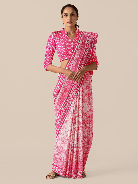 

Taneira Off-White & Pink Pure Cotton Printed Block Print Saree