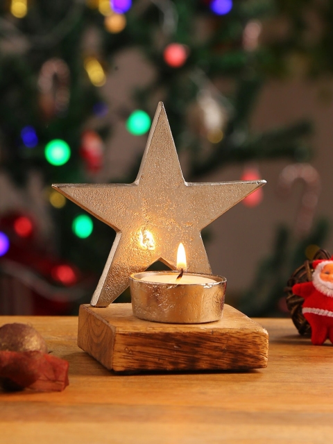 

Amoliconcepts Silver-Toned & Brown Sustainable Tea Light Holder With Wooden Base