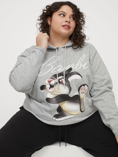 

H&M+ Women Grey Melange & Black Printed Hoodie