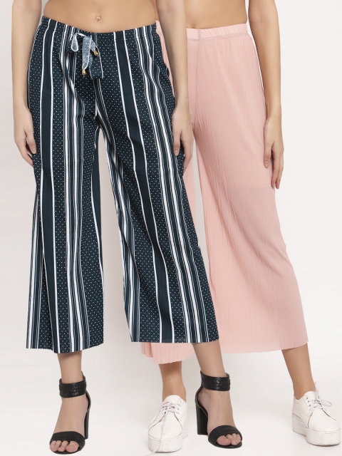 

KLOTTHE Women Green & Black Striped Wide Leg Palazzos Set of 2