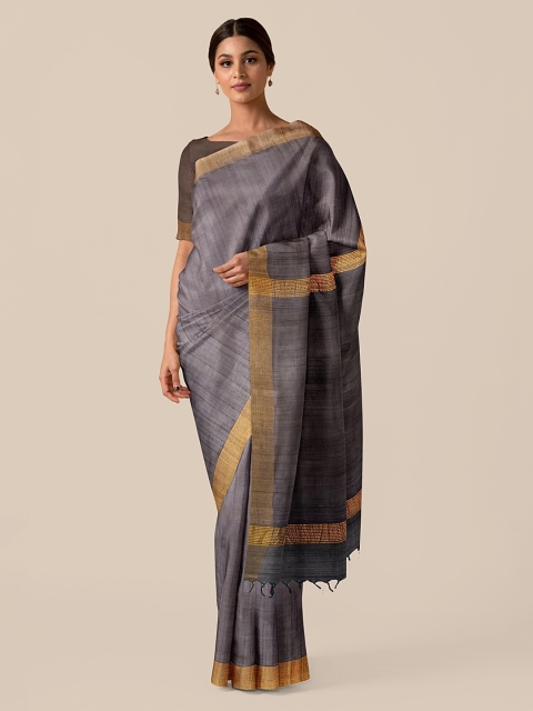 Taneira Grey & Gold-Toned Pure Silk Solid Bhagalpuri Saree