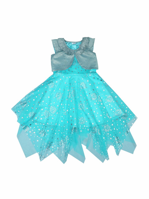 

Doodle Girls Turquoise Blue & Silver-Coloured Embellished Fit and Flare Dress & Jacket