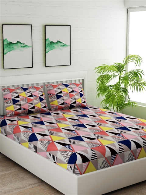 

Salona Bichona Blue & Yellow Geometric 144 TC Cotton 1 King Bedsheet with 2 Pillow Covers