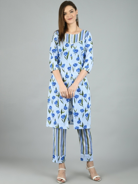 Myshka Women Blue Printed Kurta with Trousers