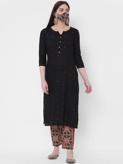 

FASHOR Women Black Multicoloured Printed Kurta with Trousers