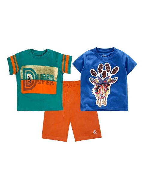 

KiddoPanti Boys Sea Green & Blue Printed T-shirt with Shorts