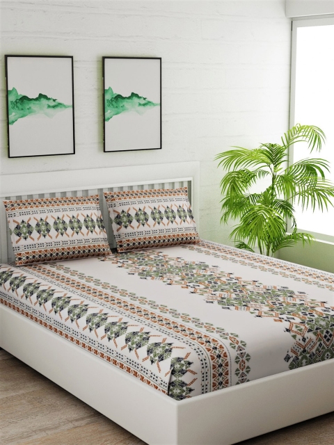 

Salona Bichona Off-White & Orange Ethnic Motifs 144 TC Cotton 1 King Bedsheet with 2 Pillow Covers