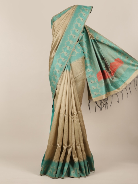 

Pothys Beige & Blue Jute Silk Solid Saree