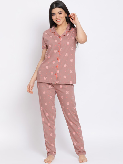 

Kanvin Women Peach-Coloured & Blue Printed Night suit
