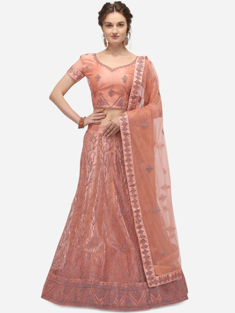 

Netram Peach-Coloured & Gold-Toned Embroidered Semi-Stitched Lehenga & Unstitched Blouse