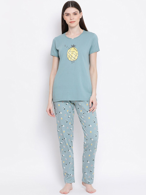 

Kanvin Women Blue & Yellow Printed Night suit