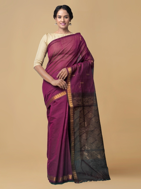 

Unnati Silks Purple Pure Cotton Solid Handloom Garad Saree