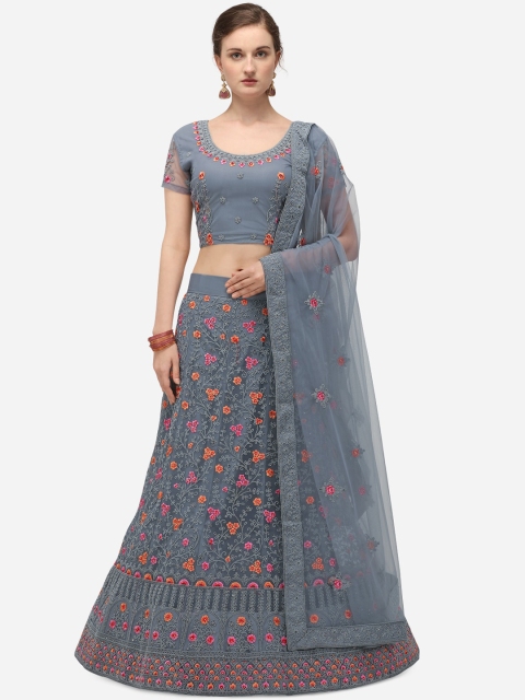 

Netram Grey & Pink Embroidered Semi-Stitched Lehenga & Unstitched Blouse with Dupatta