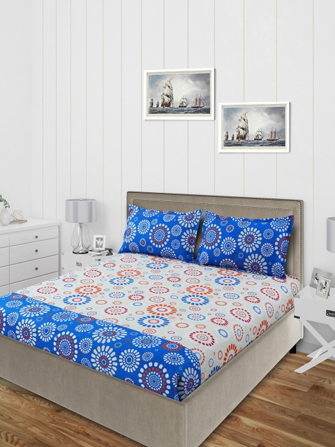 

Salona Bichona Blue & Orange Ethnic Motifs 144 TC Cotton 1 King Bedsheet with 2 Pillow Covers