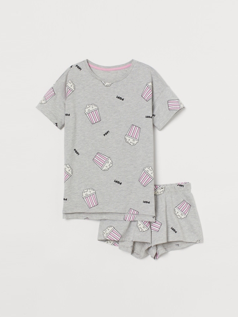 

H&M Girls Grey Melange & White Cotton Jersey Pyjamas