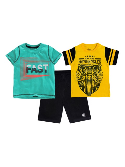 

KiddoPanti Boys Sea Green & Yellow Printed T-shirt with Shorts