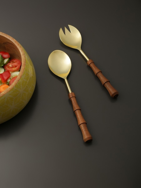 

Amoliconcepts Set Of 2 Gold-Toned & Brown Sustainable Salad Server Spoon With Wooden Handle