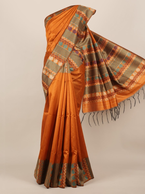 

Pothys Orange Solid Jute Silk Saree With Tasseled Pallu