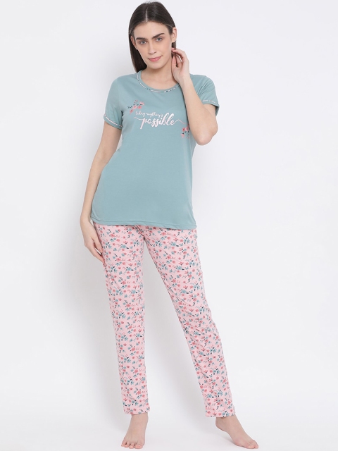 

Kanvin Women Teal & Pink Printed Night suit