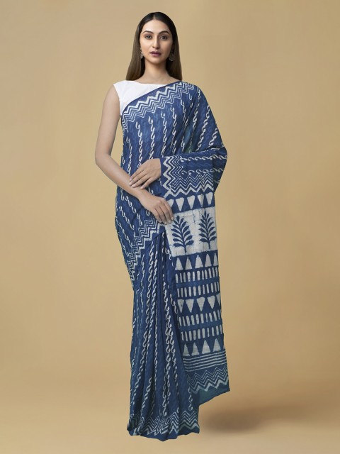 

Unnati Silks Blue Pure Cotton Dyed Dabu Saree